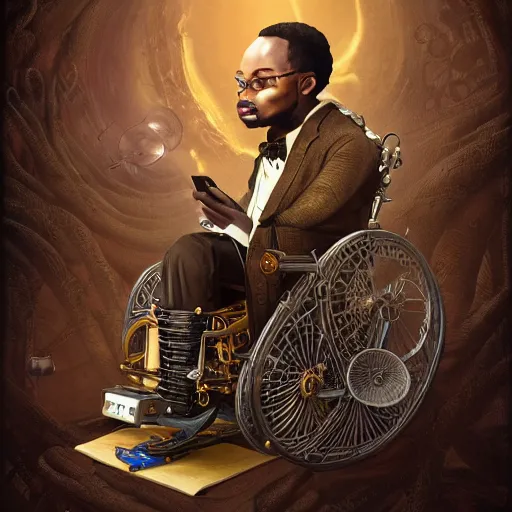 Image similar to an african scientist with a gigantic!! head in a very decadent and ornate steampunk wheelchair, by android jones and greg rutkowski and fernando botero in a surreal portrait style, wide angle dynamic portrait, overwatch character art, digital illustration highly detailed, extremely symmetrical, rim lighting, 8 k, hd