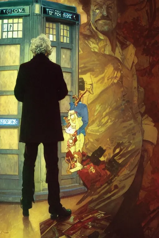 Prompt: The Third Doctor standing next to the TARDIS, portrait by Stanley Artgerm Lau, greg rutkowski, thomas kindkade, alphonse mucha, loish, norman Rockwell