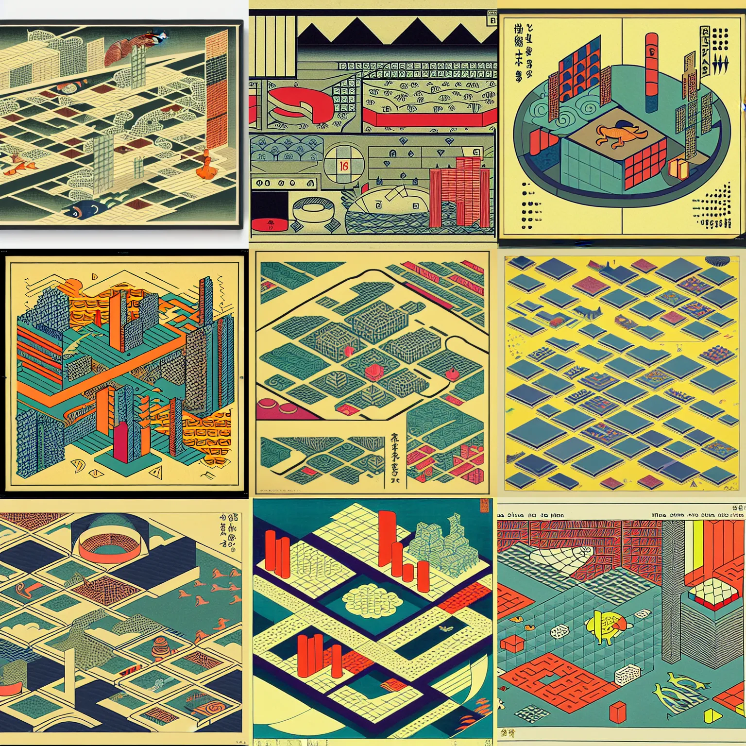 Prompt: isometric urban dashboard with time series charts, pie plots and other modern graphics, with small creatures swimming on it. diego rivera ( ukiyo - e influence )