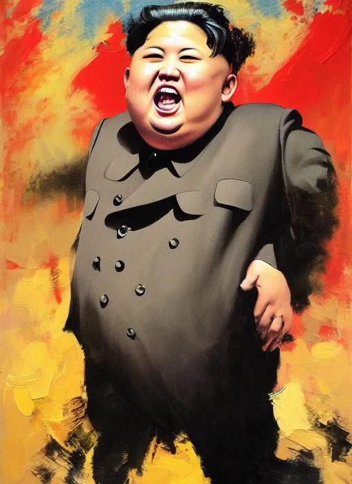 Prompt: kim jong un screaming, fat face, painting by phil hale, fransico goya,'action lines '!!!, graphic style, visible brushstrokes, motion blur, blurry, visible paint texture, crisp hd image