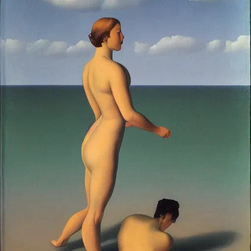 Image similar to A woman and a man jump in the water, a painting by magritte, high detail, 4K, trending on artstation