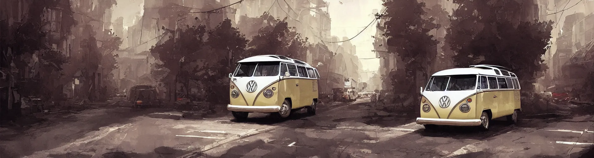 Image similar to vw bus on a street, illustration by greg rutkowski