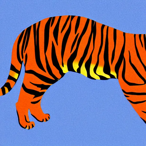 Prompt: tiger walking with backdrop showing the sky, palm tres. the tiger has sharp claws and teeth. in minimal colourful geometric illustration style digital painting