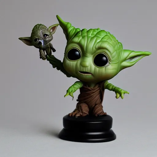 Image similar to a baby groot funko pop next to a baby yoda funko pop, photo studio, professional photo, professional lighting, artstation trend, hdr