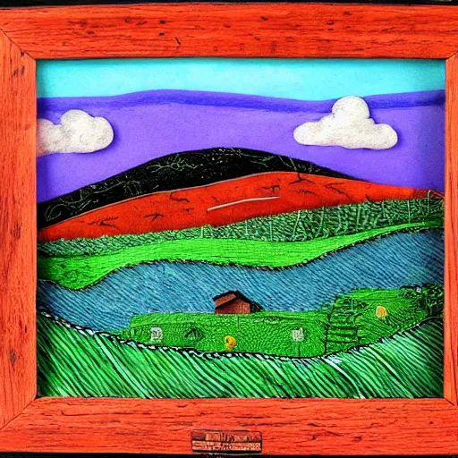 Image similar to rolling hills and a farm, appalachian folk art, mixed media, 3 d, detailed, award winning, blue, purple, red, orange, green