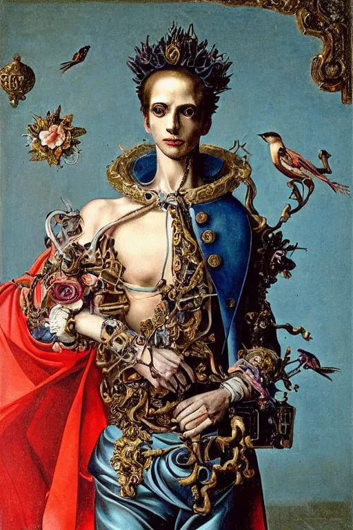 Image similar to full-body baroque and cyberpunk style sculpture of a young handsome Spanish prince half android with a chest opening exposing circuitry and blue electric sparks, glowing pink laser eyes, crown of peach roses, flowing teal-colored silk, fabric, flowers. baroque elements, human skull. full-length view. baroque element. intricate artwork by caravaggio. many many birds birds on background. Trending on artstation, octane render, cinematic lighting from the right, hyper realism, octane render, 8k, depth of field, 3D