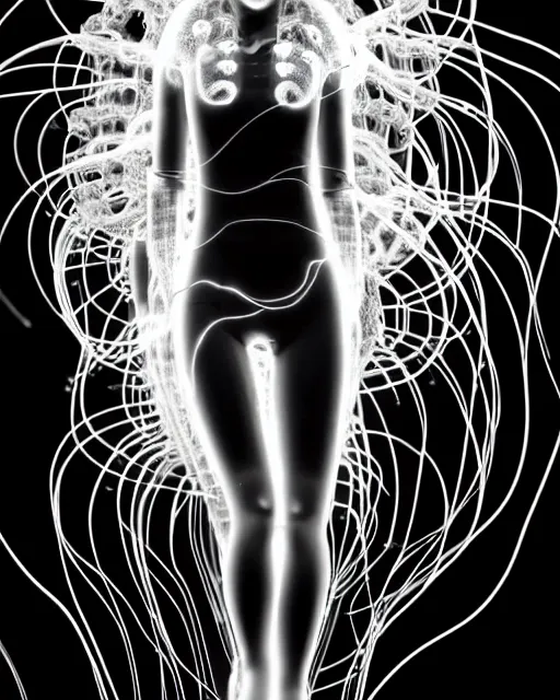 Image similar to black and white cyborg-jellyfish goddess high quality photo, microchip, artificial intelligence, bio-mechanical bio-luminescence, black wired cables, neurons, nerve cells, octane render, cinematic, rim light, hyper realism, photo-realistic, high detail, 8k, masterpiece, high fashion, in the style of Steven Meisel and Dora Maar and H.G. Giger