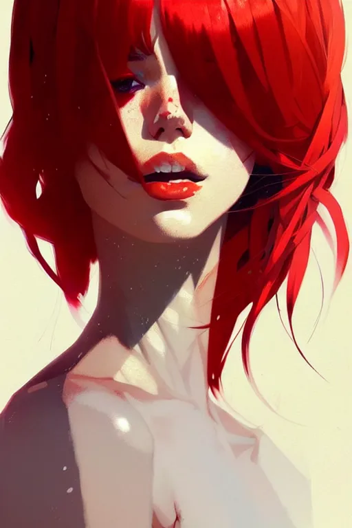 Image similar to a ultradetailed beautiful portrait panting of a stylish woman with red bangs, by conrad roset, greg rutkowski and makoto shinkai, trending on artstation