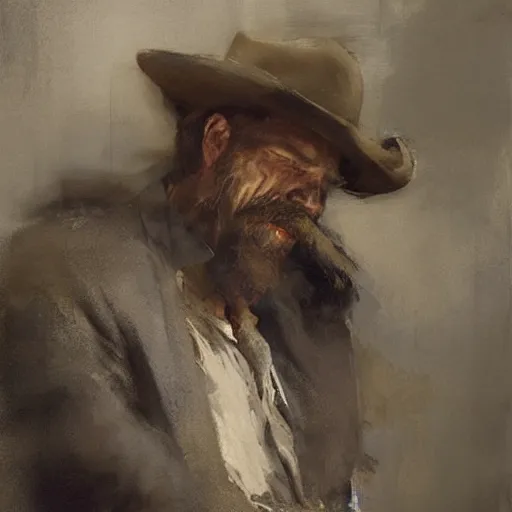 Image similar to portrait of an emotional yosemite sam, by jeremy mann, anders zorn.