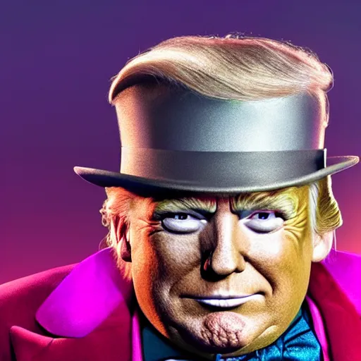 Image similar to donald trump as willy wonka in avengers movie, fantasy, splash art, avengers movie, movie still, detailed face, photorealistic facial features, cinematic lighting, dramatic, octane render, long lens, shallow depth of field, blockbuster, bokeh, hd, anamorphic lens flare, 8 k, hyper detailed, 3 5 mm film grain