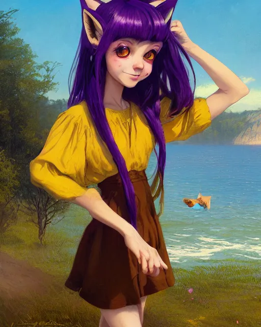 Prompt: an anthropomorphic fox girl with purple hair wearing a simple yellow sundress, she has a pronounced snout and two pointed black ears, beautiful lake background, illustration by greg rutkowski, thomas kindkade, loish, artstation, furaffinity, deviantart