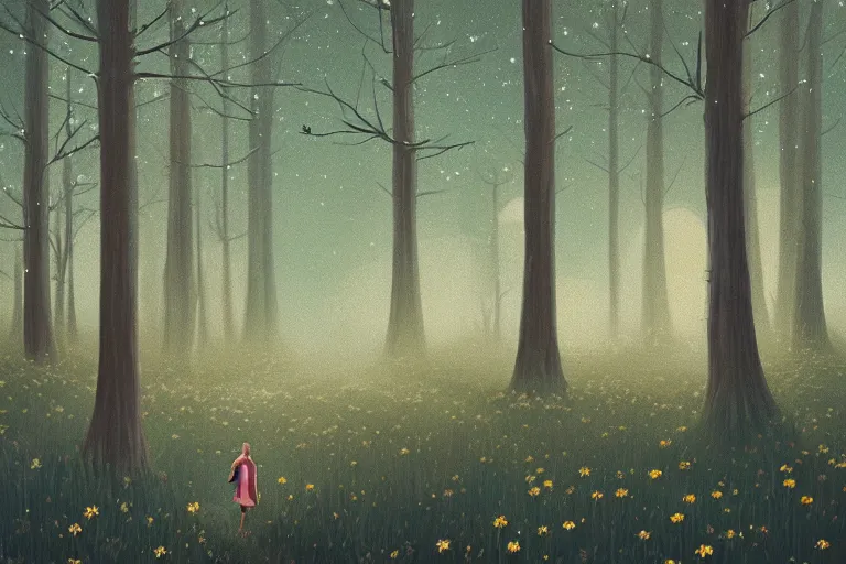 Image similar to giant bunch of daisy flowers head, girl walking in dark forest, surreal photography, dark night, stars, moon light, impressionist painting, clouds, digital painting, artstation, simon stalenhag