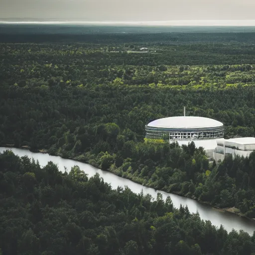 Prompt: sci fi nuclear containment building in an expansive river valley with tree and a city in the distance, a sense of hope and optimism, birds overhead, stark light, day time, unsplash, national geographic, hd, high res