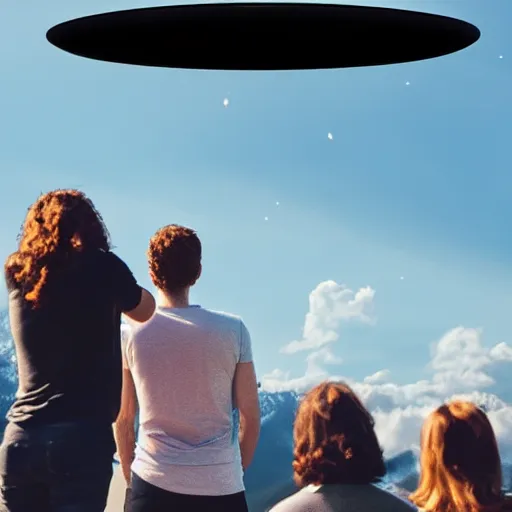 Image similar to a group of people looking at a ufo in the sky, shot on an iphone 1 3