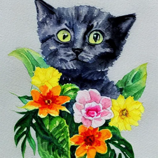 Image similar to a watercolor painting of a super cute kitten wearing a hat of flowers