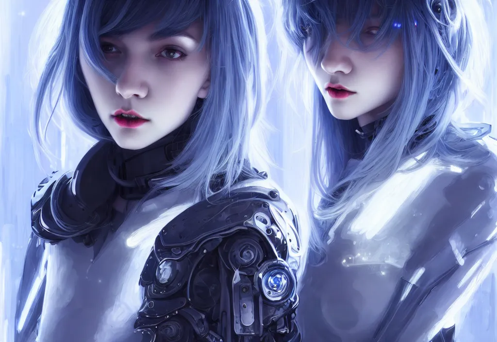 Image similar to portrait grey blue hair of futuristic ploice girl, matt black plus little yellow color armor, ( in future shibuya japan night ), ssci - fi and neon light fantasy, intricate and beautiful and elegant, highly detailed, digital painting, artstation, concept art, smooth and sharp focus, illustration, art by tian zi and wlop and alphonse mucha