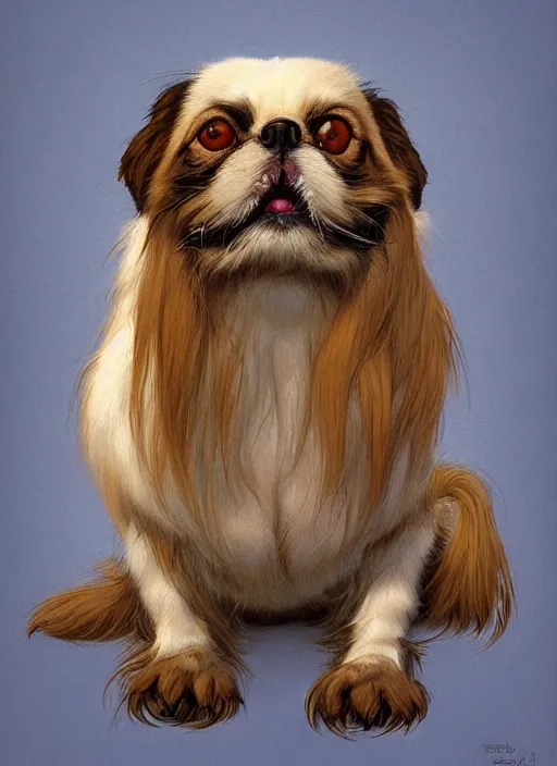 Image similar to portrait of a dwarf Japanese chin dog, highly detailed, centered, solid color background, digital painting, artstation, concept art, smooth, sharp focus, illustration, Jason Edmiston, donato giancola, Joseph Christian Leyendecker, Les Edwards, Ed Repka, WLOP, Artgerm