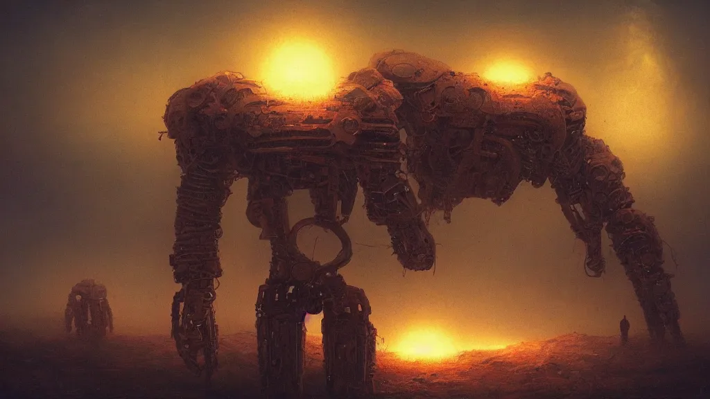 Prompt: giants creepy robot, battlefield, glowing light, beksinski, dark, horror, high resolution, 8 k, highly detailed, digital painting, astrophotography, processing, extremely hyperdetailed
