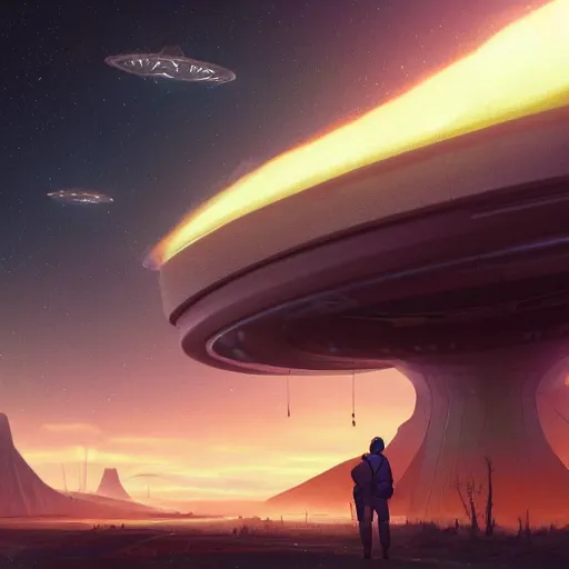 Image similar to a digital painting of a person looking up at a gigantic big enormous ufo spaceship in the sky far in the distance concept art by simon stalenhag and peter mohrbacher cgsociety, speedpainting, apocalypse art. unreal engine. hyper - realistic. photo realistic. 3 d render. octane render. detailed masterpiece. extreme wide shot. zoomed out.