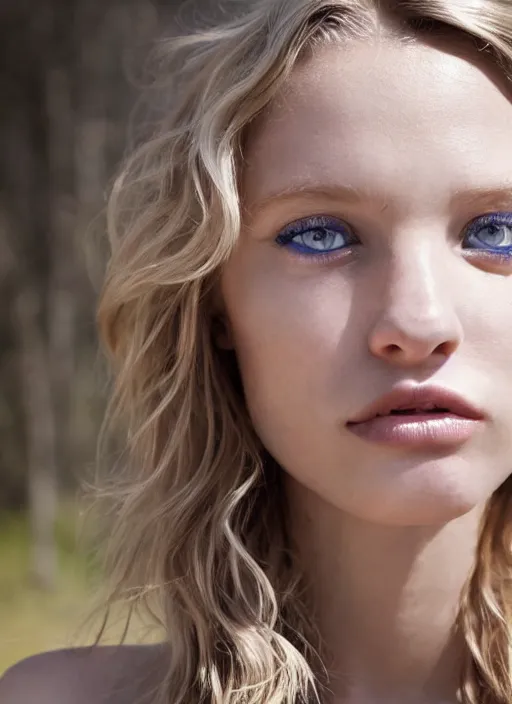 Image similar to close up portrait photograph of a thin young blond woman with russian descent, sunbathed skin, with deep blue eyes. Wavy long maroon colored hair. she looks directly at the camera. Slightly open mouth, face takes up half of the photo. a park visible in the background. 55mm nikon. Intricate. Very detailed 8k texture. Sharp. Cinematic post-processing. Award winning portrait photography. Sharp eyes.