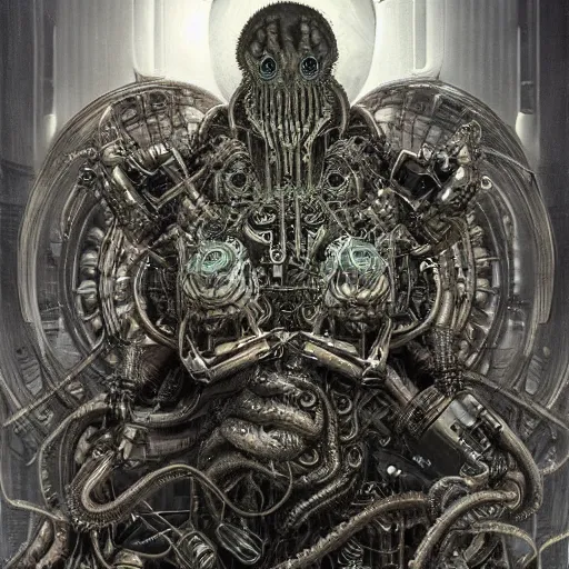 Image similar to mechanical cthulhu, cyborg, hyperealistic detailed photography, divinity, awful, religious art, cyberpunk, by h. r. giger