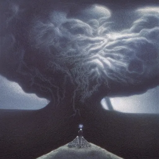 Image similar to killua zoldyck made by zdzisław beksinski, thunderstorm, 8 k, detailed, cinematic, rain, crying, black