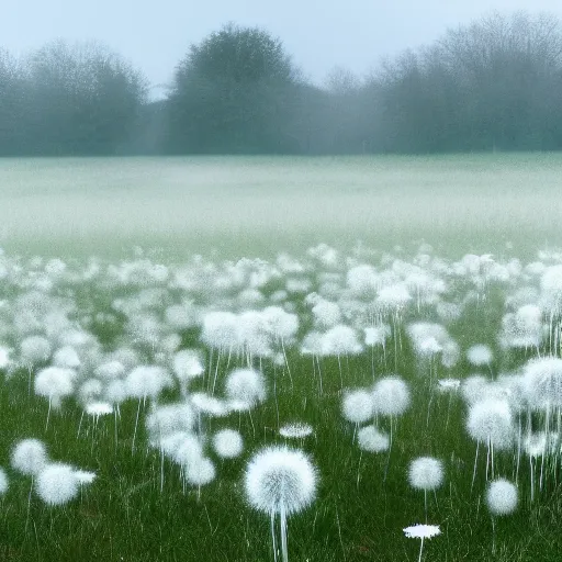 Image similar to a field completely covered by white detailed dandelions, gloom, volumetric lighting