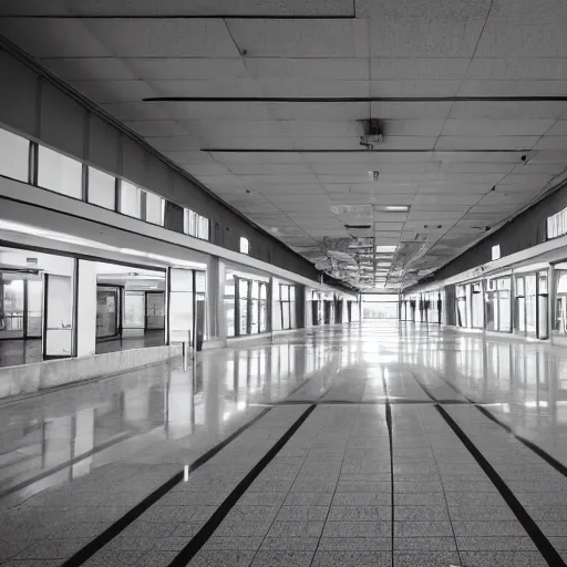 Prompt: the massive indoors of a liminal abandoned mall just after abandonment, the floors still clean and the shops still open