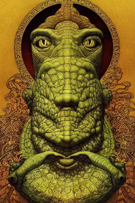 Image similar to beautiful crocodile headed god by maxfield parrish, mandala, coherent design, digital watercolor ink illustration painting, extremely dull colors, golden ratio, detailed, sharp lines, sharp focus, intricate, artgerm, gustave dore, alphonse mucha, octane render