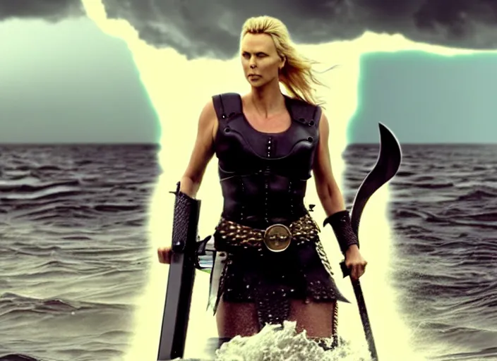 Image similar to film still of charlize theron as a viking women with weapons riding on a jet ski, wearing skin - tight futuristic valkerie bikini, rough seas in background, lightning storms, water world, mad max, hyper - realistic, highly detailed, accurate, 8 k octane render, 2 8 mm, wide angle, rule of thirds