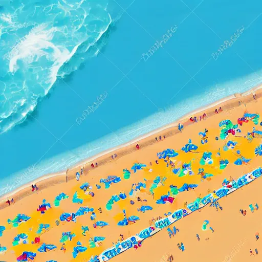 Image similar to aerial view of a busy beach on a sunny day, pixel art