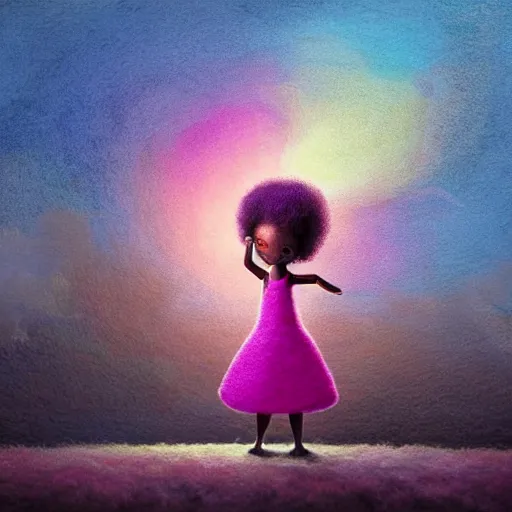 Image similar to a black girl with big cute! eyes and a colorful afro dancing in a filed of cotton candy at sunset, bright colors, synthwave, watercolor, volumetric wool felting, felt, macro photography, children illustration, global illumination, radiant light, detailed and intricate environment, by goro fujita, bokeh!!!!