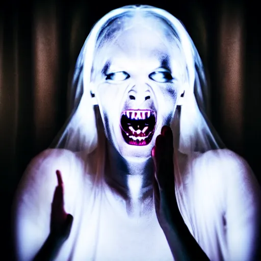 Image similar to female ghost witch facing forward, horrific scream on face, sharp teeth, long metallic nails, white dress, night, dark room, neon light in window