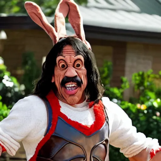 Image similar to Danny Trejo as Bugs Bunny from Looney Tunes, live action movie, set photo in costume, cosplay, photograph