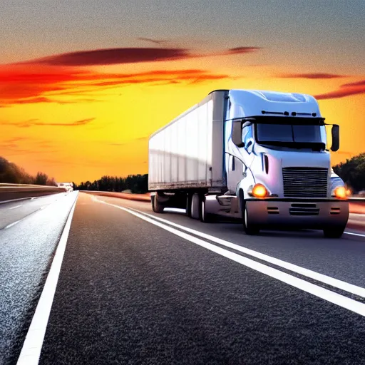 Image similar to a photorealistic picture of a truck on a busy highway at sunset
