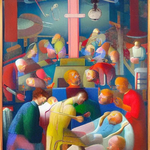 Image similar to A beautiful computer art of a team of surgeons gathered around a patient on an operating table, with one surgeon in the process of cutting into the patient's chest. The computer art is full of intense colors and brushstrokes, conveying the urgency and intensity of the surgery. by Joseph Cornell, by Paul Lehr ordered, elaborate