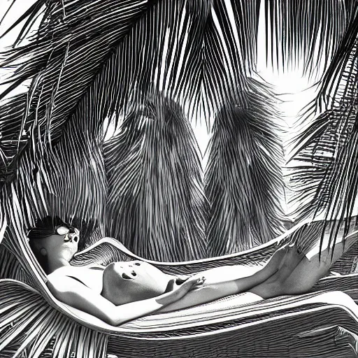 Image similar to person relaxing under the shade of a banana tree, digital art, hyper detailed