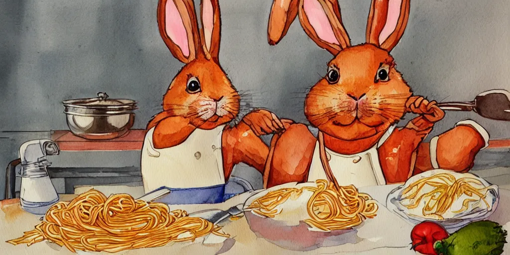 Image similar to a rabbit dressed as a chef cooks spaghetti bolognese in a french kitchen, watercolour