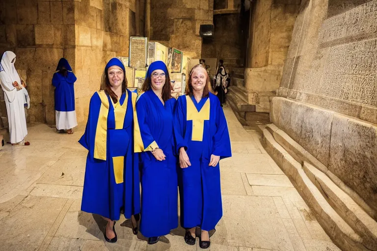 Prompt: photo of 3 women at the tomb of jesus, blue robes, golden triangle composition