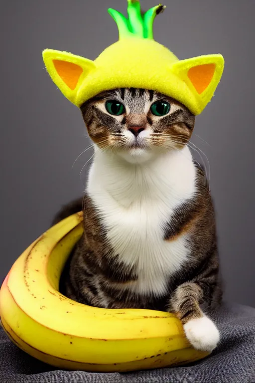 Image similar to realistic photo of an adorable cat wearing a banana hat, highly detailed,