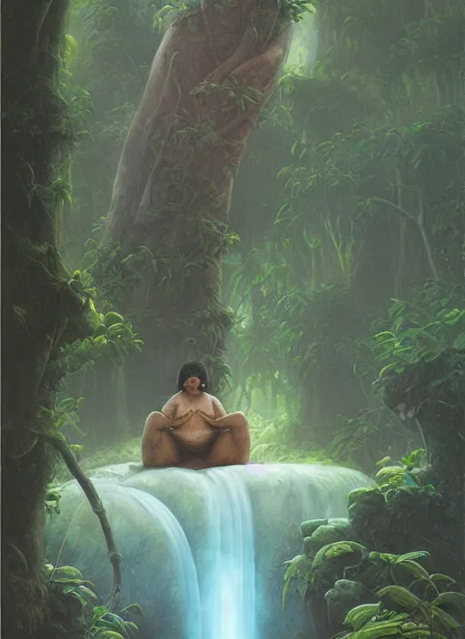 Image similar to a tardigrade meditating near a river in the amazon jungle, art by christophe vacher