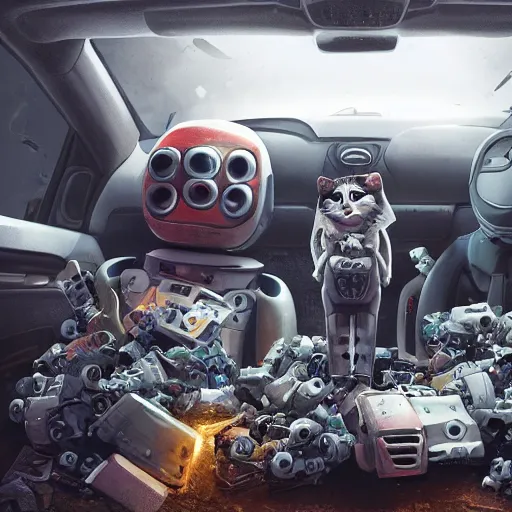 Image similar to car dump with the remains of robots. gloomy future. people are cats in work clothes. anthropomorphic cats in the middle of a car dump. artstation trend, 4 k, high detail. wow. digital render