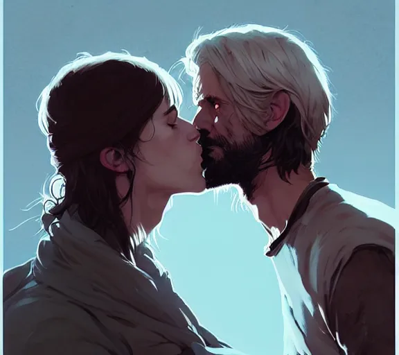 Image similar to portrait of aragorn kissing arven by atey ghailan, by greg rutkowski, by greg tocchini, by james gilleard, by joe fenton, by kaethe butcher, dynamic lighting, gradient light blue, brown, blonde cream and white color scheme, grunge aesthetic