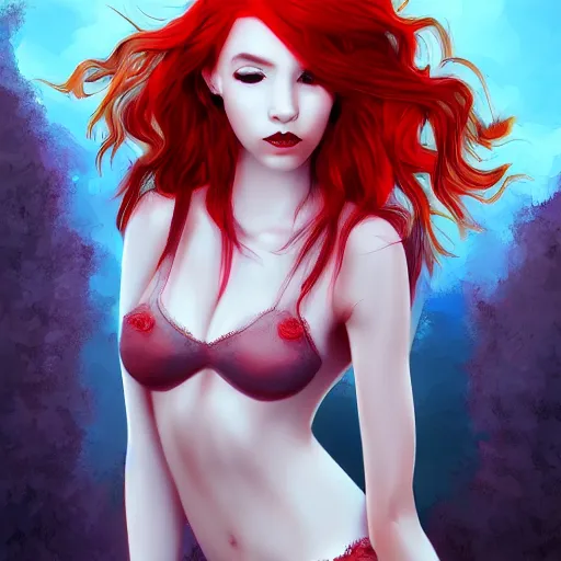 Prompt: portrait of a young red haired half human half dragon girl, digital art, extremely detailed