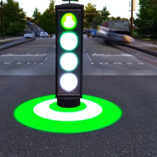 Prompt: a realistic photo of traffic light that uses portals from the video game portal 2 to control traffic at an intersection