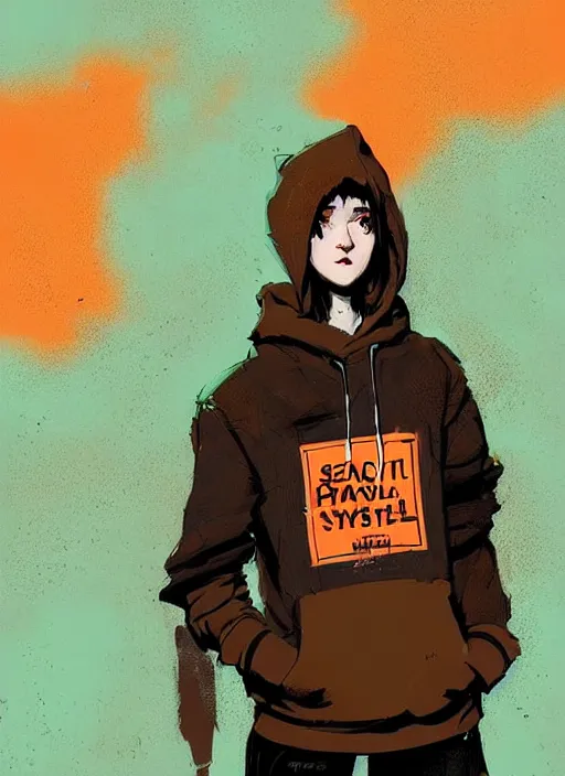 Prompt: highly detailed portrait of a sewer style seattle student, tartan hoody, by atey ghailan, by greg rutkowski, by greg tocchini, by james gilleard, by joe fenton, by kaethe butcher, gradient green, brown, blonde crea, orange, brown and white color scheme, grunge aesthetic!!! ( ( graffiti tag wall background ) )