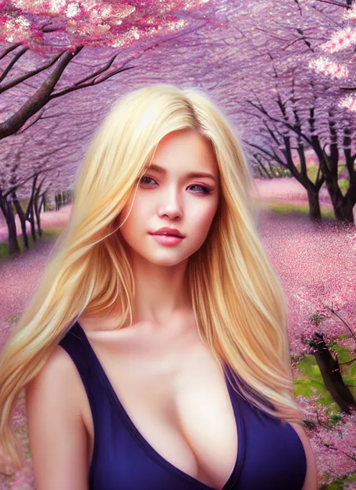 Image similar to photo of a gorgeous blonde female in the style of stefan kostic, realistic, half body shot, sharp focus, 8 k high definition, insanely detailed, intricate, elegant, art by stanley lau and artgerm, extreme blur cherry blossoms background