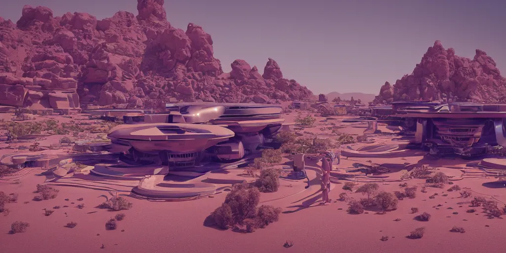 Image similar to beautiful landscape of a temple of retro futuristic technology on a desert oasis, trending on art station, photoreal, 8k, octane render