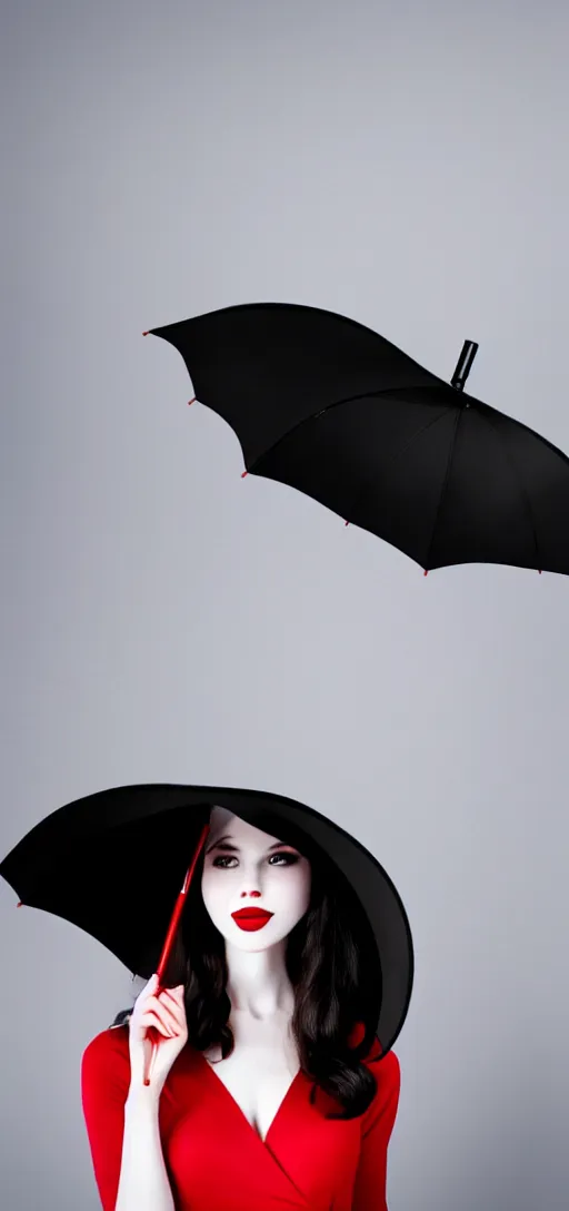 Image similar to a beautiful white pale skin girl, gray background, black dress, vibrent red lipstick, a black hat, black umbrella