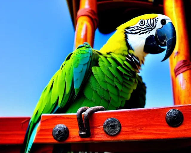 Image similar to low angle photo of a parrot on a pirate ship, rule of thirds, depth of field